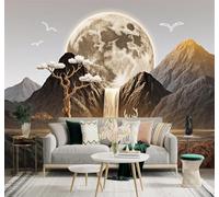 XLMING Or Lune Cascade Élan Paysage De Montagne 3D Papier Peint Premium Texturé Soie Bureau Salle à Manger Salon Chambre Coucher Canapé TV Mur-250cm×170cm