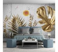XLMING Or Plantes Feuilles Oiseaux Lever Du Soleil 3D Papier Peint Premium Texturé Soie Bureau Salle à Manger Salon Chambre Coucher Canapé TV Mur-150cm×105cm