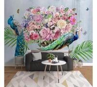 XLMING Paon Couleurs Vives Fleurs Plantes Feuilles Vertes 3D Papier Peint Premium Texturé Soie Bureau Salle à Manger Salon Chambre Coucher Canapé TV Mur-300cm×210cm