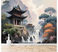 XLMING Papier Peint 3D Brouillard Cascade Architecture Arbres Paysage | Autocollants Décoratifs Haut de Gamme Adaptés à Tous les Murs Des Restaurants Canapés Salons et Chambres Coucher-300cm×210cm