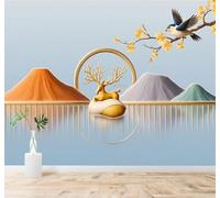 XLMING Papier Peint 3D Cerf Doré Sommets Petits Oiseaux Fleurs Paysage | Autocollants Décoratifs Haut de Gamme Adaptés à Tous les Murs Des Restaurants Canapés Salons et Chambres Coucher-430cm×300cm