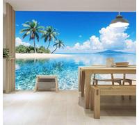 XLMING Papier Peint 3D Ciel Bleu Nuages Blancs Mer Île Cocotiers | Autocollants Décoratifs Haut de Gamme Adaptés à Tous les Murs Des Restaurants Canapés Salons et Chambres Coucher-400cm×280cm