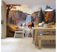 XLMING Papier Peint 3D Falaise Cascade Pinède Chevaux Au Galop Rivière | Autocollants Décoratifs Haut de Gamme Adaptés à Tous les Murs Des Restaurants Canapés Salons et Chambres Coucher-150cm×105cm
