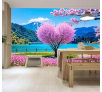 XLMING Papier Peint 3D Sommets Lacs Cœurs Arbres Fleurs De Cerisier | Autocollants Décoratifs Haut de Gamme Adaptés à Tous les Murs Des Restaurants Canapés Salons et Chambres Coucher-250cm×170cm