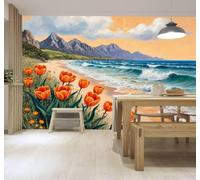 XLMING Papier Peint 3D Tulipes Orange Plage Vagues Montagnes Paysage | Autocollants Décoratifs Haut de Gamme Adaptés à Tous les Murs Des Restaurants Canapés Salons et Chambres Coucher-250cm×170cm