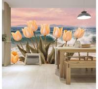 XLMING Papier Peint 3D Tulipes Vagues Plage Coucher De Soleil Ciel | Autocollants Décoratifs Haut de Gamme Adaptés à Tous les Murs Des Restaurants Canapés Salons et Chambres Coucher-350cm×256cm