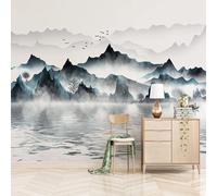 XLMING Paysage À L'Encre De Chine Oiseaux En Vol Petit Bateau Arbres 3D Papier Peint Texture Soyeuse Intissé Salle à Manger Bureau D'étude Canapé Chambre Salon TV Mur-150cm×105cm