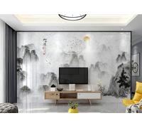 XLMING Paysage À L'Encre De Chine Oiseaux Lever Du Soleil Faux Marbre Papier Peint 3D Soie De Luxe Intissé Bureau Salle à Manger Canapé Chambre Salon TV Mural Décoratif-300cm×210cm