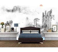 XLMING Paysage À L'Encre Noire Et Blanche Oiseaux En Vol Lever Du Soleil 3D Papier Peint Texture Soyeuse Intissé Salle à Manger Bureau D'étude Canapé Chambre Salon TV Mur-150cm×105cm