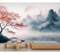 XLMING Paysage Créatif À L'Encre De Chine Feuilles Rouges 3D Papier Peint Premium Texturé Soie Bureau Salle à Manger Salon Chambre Coucher Canapé TV Mur-430cm×300cm