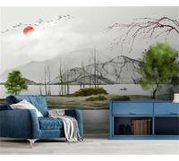 XLMING Paysage Frais À L'Encre Fleur De Pêcher Oiseaux Au Lever Du Soleil Papier Peint 3D Soie De Luxe Intissé Bureau Salle à Manger Canapé Chambre Salon TV Mural Décoratif-350cm×256cm