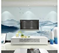 XLMING Paysage Peint À La Main À L'Encre Bleue Avec Des Oiseaux En Vol 3D Papier Peint Texture Soyeuse Intissé Salle à Manger Bureau D'étude Canapé Chambre Salon TV Mur-250cm×170cm