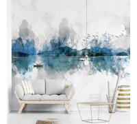 XLMING Peint À La Main Aquarelle Graffiti Paysage Oiseaux En Vol Petit Bateau 3D Papier Peint Texture Soyeuse Intissé Salle à Manger Bureau D'étude Canapé Chambre Salon TV Mur-300cm×210cm