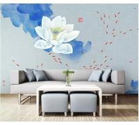 XLMING Peint À La Main Bleu Lavis D'Encre Lotus Petits Poissons Papier Peint 3D Soie De Luxe Intissé Bureau Salle à Manger Canapé Chambre Salon TV Mural Décoratif-150cm×105cm