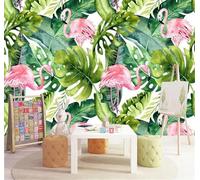 XLMING Peint À La Main Botanique Feuilles Vertes Rose Flamant Rose 3D Papier Peint Premium Texturé Soie Bureau Salle à Manger Salon Chambre Coucher Canapé TV Mur-400cm×280cm