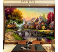 XLMING Peint À La Main Magnifique Pastoral Petit Pont Eau Qui Coule Maisons 3D Papier Peint Texture Soyeuse Intissé Salle à Manger Bureau D'étude Canapé Chambre Salon TV Mur-200cm×140cm