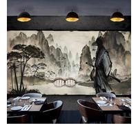 XLMING Peinture À La Main Encre De Chine Rivière Samouraï Architecture Haute Montagne 3D Papier Peint Premium Texturé Soie Bureau Salle à Manger Salon Chambre Coucher Canapé TV Mur-350cm×256cm