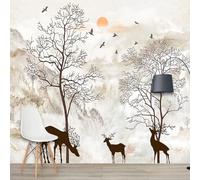 XLMING Petit Arbre Abstrait Élan Montagne Oiseau Lever De Soleil 3D Papier Peint Texture Soyeuse Intissé Salle à Manger Bureau D'étude Canapé Chambre Salon TV Mur-400cm×280cm