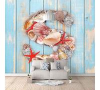 XLMING Planches Bleues Etoiles De Mer Rouges Coquillages 3D Papier Peint Luxe Décoration Manger Adulte Intérieure Salon Canapé Chambre Fond TV Mur-350cm×256cm