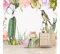 XLMING Plantes Cactus Fleurs Papillons Petits Oiseaux Papier Peint 3D Soie De Luxe Intissé Bureau Salle à Manger Canapé Chambre Salon TV Mural Décoratif-350cm×256cm