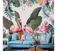 XLMING Plantes Feuilles Vertes Fleurs Flamant Rose 3D Papier Peint Premium Texturé Soie Bureau Salle à Manger Salon Chambre Coucher Canapé TV Mur-250cm×170cm