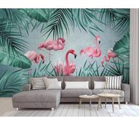 XLMING Plantes Fraîches Feuilles Vertes Flamant Rose Papier Peint 3D Soie De Luxe Intissé Bureau Salle à Manger Canapé Chambre Salon TV Mural Décoratif-350cm×256cm