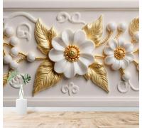 XLMING Relief Fleurs Blanches Feuilles Dorées Motifs Floraux 3D Papier Peint Premium Texturé Soie Bureau Salle à Manger Salon Chambre Coucher Canapé TV Mur-400cm×280cm