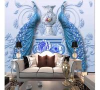 XLMING Relief Paon Bleu Fleurs Vase 3D Papier Peint Luxe Décoration Manger Adulte Intérieure Salon Canapé Chambre Fond TV Mur-300cm×210cm