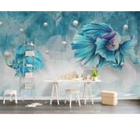 XLMING Rétro Bleu Géométrique Perle Petit Poisson 3D Papier Peint Premium Texturé Soie Bureau Salle à Manger Salon Chambre Coucher Canapé TV Mur-250cm×170cm