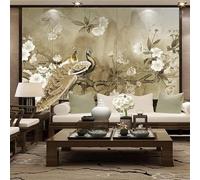 XLMING Rétro Branches Blanc Fleurs Paon 3D Papier Peint Premium Texturé Soie Bureau Salle à Manger Salon Chambre Coucher Canapé TV Mur-150cm×105cm