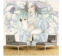 XLMING Rétro Dessiné À La Main Femme Faon Oiseaux Fleurs Violettes 3D Papier Peint Premium Texturé Soie Bureau Salle à Manger Salon Chambre Coucher Canapé TV Mur-200cm×140cm