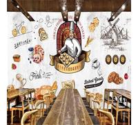 XLMING Rétro Dessiné À La Main Gastronomie Pain Thé Au Lait Dessins Animés 3D Papier Peint Premium Texturé Soie Bureau Salle à Manger Salon Chambre Coucher Canapé TV Mur-300cm×210cm