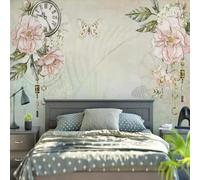 XLMING Rétro Dessiné À La Main Signification Fleurs Feuilles Vertes Horloge 3D Papier Peint Premium Texturé Soie Bureau Salle à Manger Salon Chambre Coucher Canapé TV Mur-400cm×280cm