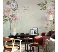 XLMING Rétro Dessiné À La Main Signification Fleurs Feuilles Vertes Horloge 3D Papier Peint Texture Soyeuse Intissé Salle à Manger Bureau D'étude Canapé Chambre Salon TV Mur-350cm×256cm