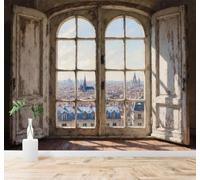 XLMING Rétro Horizon Urbain Vue Depuis Une Fenêtre Toits Bleus 3D Papier Peint Texture Soyeuse Intissé Salle à Manger Bureau Canapé Chambre Salon TV Mur-150cm×105cm