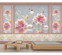 XLMING Rétro Lotus Rose Cygne Papillon 3D Papier Peint Premium Texturé Soie Bureau Salle à Manger Salon Chambre Coucher Canapé TV Mur-200cm×140cm