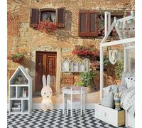 XLMING Rétro Maison En Briques Porte En Bois Fenêtre Plantes 3D Papier Peint Luxe Décoration Manger Adulte Intérieure Salon Canapé Chambre Fond TV Mur-400cm×280cm