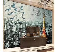 XLMING Rétro Mur De Briques Ville Architecture Oiseaux En Vol 3D Papier Peint Luxe Décoration Manger Adulte Intérieure Salon Canapé Chambre Fond TV Mur-400cm×280cm