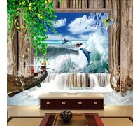 XLMING Rétro Mur En Bois Art Fraîcheur Plantes Océan 3D Papier Peint Texture Soyeuse Intissé Salle à Manger Bureau D'étude Canapé Chambre Salon TV Mur-350cm×256cm