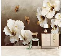 XLMING Rétro Nostalgie Personnalité Art Papillons Fleurs Blanches 3D Papier Peint Texture Soyeuse Intissé Salle à Manger Bureau D'étude Canapé Chambre Salon TV Mur-350cm×256cm