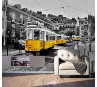 XLMING Rétro Rue Tramway Jaune Noir Et Blanc Architecture Urbaine Papier Peint 3D Soie De Luxe Intissé Bureau Salle à Manger Canapé Chambre Salon TV Mural Décoratif-150cm×105cm