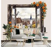 XLMING Rétro Vue Depuis Une Fenêtre Rose Orange Chat Illustration De Paysage Urbain 3D Papier Peint Texture Soyeuse Intissé Salle à Manger Bureau Canapé Chambre Salon TV Mur-350cm×256cm