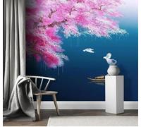XLMING Rose Encre Fleurs De Pêcher Bleu Rivière 3D Papier Peint Premium Texturé Soie Bureau Salle à Manger Salon Chambre Coucher Canapé TV Mur-400cm×280cm