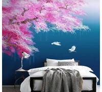 XLMING Rose Encre Fleurs De Pêcher Bleu Rivière 3D Papier Peint Texture Soyeuse Intissé Salle à Manger Bureau Canapé Chambre Salon TV Mur-350cm×256cm