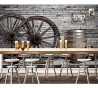 XLMING Roue Vintage Mur De Briques Tonneau En Bois Art Papier Peint 3D Soie De Luxe Intissé Bureau Salle à Manger Canapé Chambre Salon TV Mural Décoratif-300cm×210cm