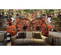 XLMING Rouge Mur De Briques Roue Oiseaux En Vol Vignes 3D Papier Peint Premium Texturé Soie Bureau Salle à Manger Salon Chambre Coucher Canapé TV Mur-300cm×210cm