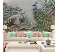 XLMING Sculpture En Relief Arbres Feuilles Vertes Paon 3D Papier Peint Premium Texturé Soie Bureau Salle à Manger Salon Chambre Coucher Canapé TV Mur-350cm×256cm