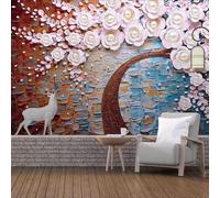 XLMING Sculpture En Relief Renne Perles Arbres Fleurs 3D Papier Peint Texture Soyeuse Intissé Salle à Manger Bureau D'étude Canapé Chambre Salon TV Mur-430cm×300cm