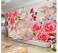 XLMING Sculpture Sur Jade Roses Roses Oiseaux Petits Poissons 3D Papier Peint Premium Texturé Soie Bureau Salle à Manger Salon Chambre Coucher Canapé TV Mur-150cm×105cm
