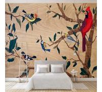 XLMING Simple Peint À La Main Grain De Bois Tropical Plantes Petits Oiseaux 3D Papier Peint Texture Soyeuse Intissé Salle à Manger Bureau D'étude Canapé Chambre Salon TV Mur-300cm×210cm